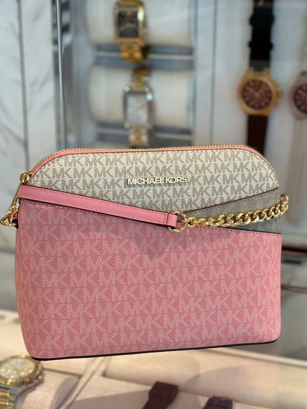 Michael Kors Pink and Beige Colorblock Signature Crossbody